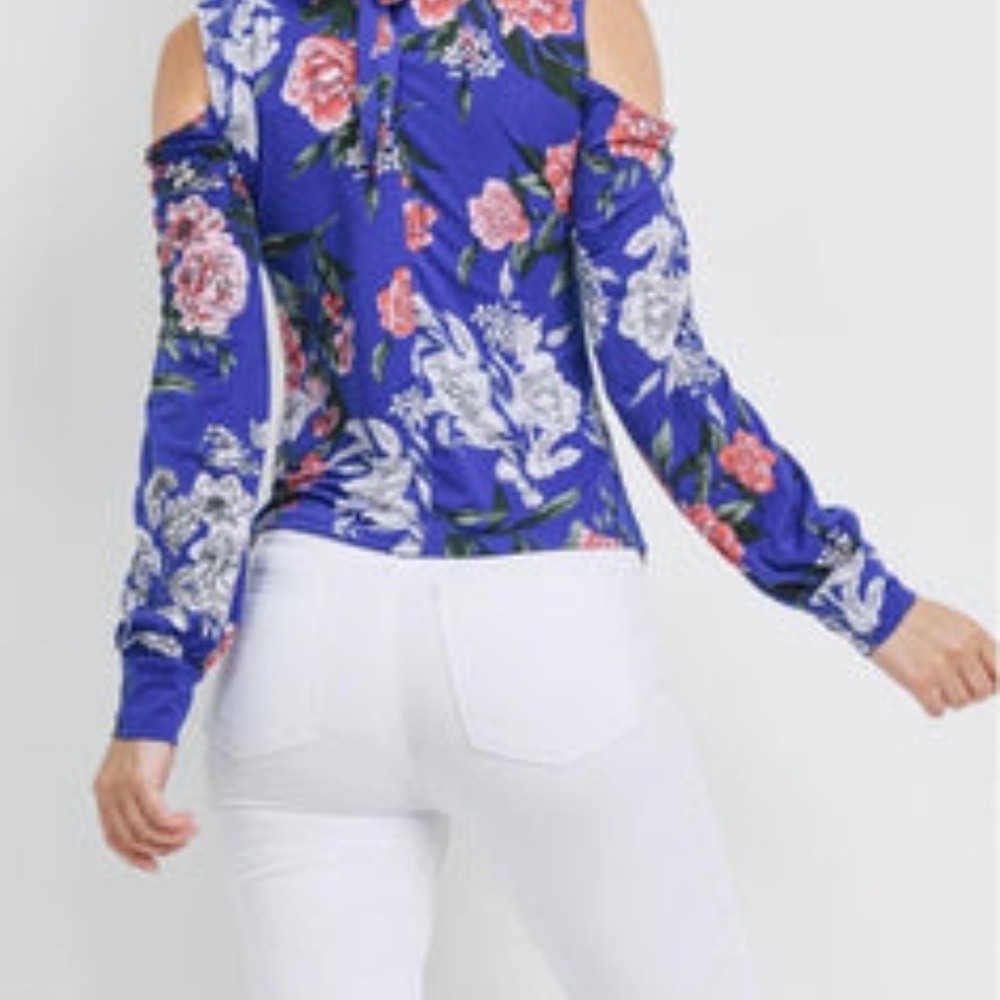 Beautiful Flower Blue Cold Shoulder Blouse - Picture 2 of 6
